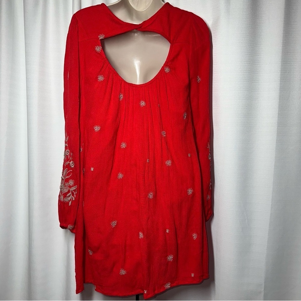 Free People Sweet Tennessee Red Floral Embroidered Mini Tunic Dress S Boho Beach - Picture 9 of 14